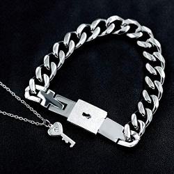 Uloveido Titanium Steel Key Pendant Necklace and Square Lock Bangle Bracelet Set for Couples Valetines Gifts