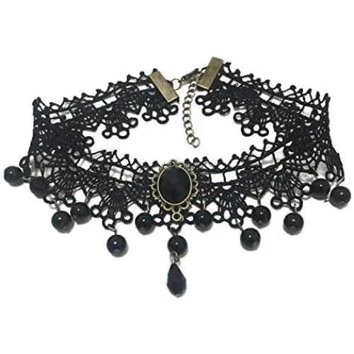 MOYI Gothic Lace Choker Necklace Black Beaded Antique Bronze Adjusted Dainty Masquerade Party Dress Halloween Jewelry for Women Girls MOYI Gothic Lace Choker Necklace Black Beaded Antique Bronze Adjusted Dainty Masquerade Party Dress Halloween Jewelry for Women Girls