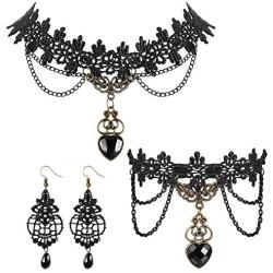 Udalyn Black Lace Gothic Lolita Jewelry Set for Women Lace Necklace with Bracelet and Earrings Set for Halloween Christmas Costume