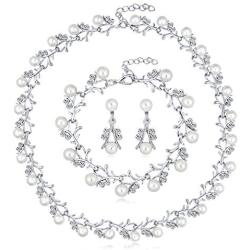 ASTRUE Bridal Flower Necklace Bracelet Earring Set, Austrian Crystal Cream Simulated Pearl Wedding Drop Dangle Jewelry Set