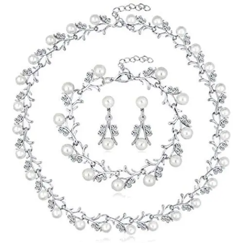 ASTRUE Bridal Flower Necklace Bracelet Earring Set, Austrian Crystal Cream Simulated Pearl Wedding Drop Dangle Jewelry Set