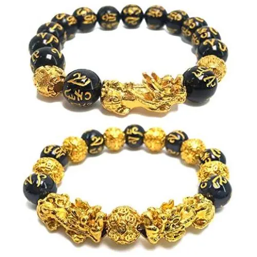 Feng Shui Wealth Pi Xiu Bracelet, 2 Pcs Black Amulet Bead Bracelets for Women Men Attract Wealth Money Good Luck Feng Shui Jewelry