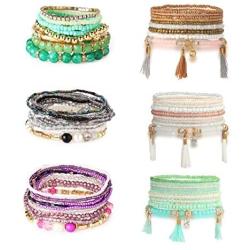 Hanpabum 6 Sets Bohemian Beaded Bracelets for Women Girls Multicolor Stretch Multilayered Stackable Bracelet Set