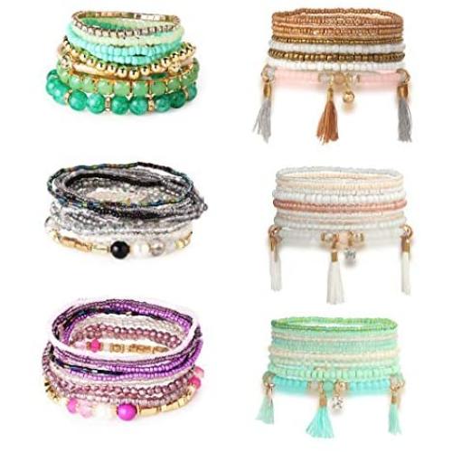 Hanpabum 6 Sets Bohemian Beaded Bracelets for Women Girls Multicolor Stretch Multilayered Stackable Bracelet Set