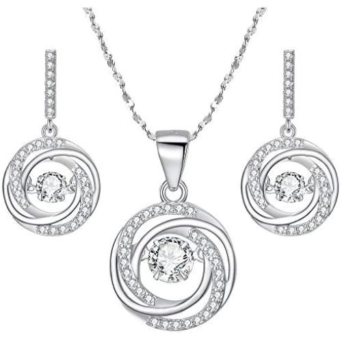 BriLove Women 925 Sterling Silver Dancing CZ Round Spiral Swirl Pendant Necklace Dangle Earrings Set Clear