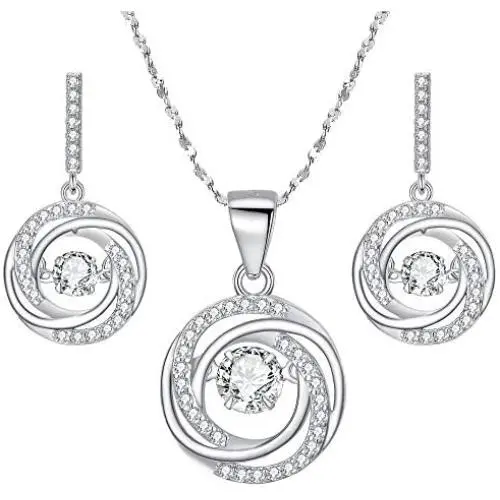 BriLove Women 925 Sterling Silver Dancing CZ Round Spiral Swirl Pendant Necklace Dangle Earrings Set Clear BriLove Women 925 Sterling Silver Dancing CZ Round Spiral Swirl Pendant Necklace Dangle Earrings Set Clear