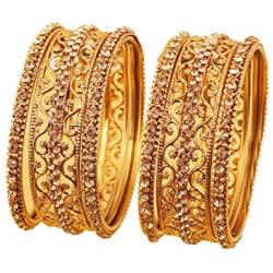 Touchstone ''Golden Bangle Collection Exotic Filigree and Grain Work Clear Rhinestone Indian Bollywood Thick Thin Metal Bangle Bracelets in Antique Gold Tone for Women.