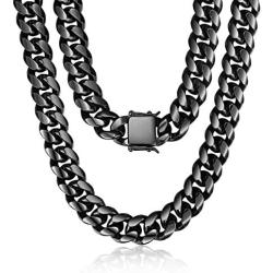 ROWIN&CO Mens Chain Black Heavy Big 316L Stainless Steel Miami Cuban Link Necklace Hip hop Jewelry Choker Chain, 15mm Width/ 18 20 22 24 26 30 35 inch Lengths, (with Gift Box)