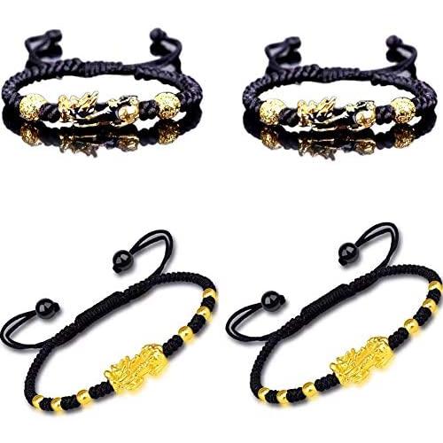 4 Pieces Feng Shui Bracelets Pixiu Good Luck Gold Plated Bracelet Pi Yao Wealth Lucky Charm Carved Amulet Bracelets Handmade Braided Rope Bracelet for Women Girls Jewelry