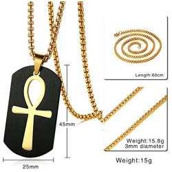 PJ Jewelry Mens Stainless Steel Ancient Egyptian Key of Life Ankh Cross Dog Tag Pendant Necklace,Removable
