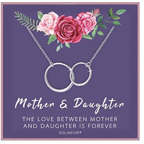 SOLINFOR Mother Daughter Necklace - Sterling Silver Jewelry with Gift Wrapping, Card - Gifts for Mom, Daughter, Birthday, Mothers Day - Two Interlocking Circles Infinity Necklace for Women