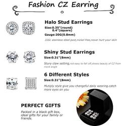 Jstyle Halo Cubic Zirconia Stud Earrings for Women Clear CZ Round Square Stud Earrings Set Ear Jewelry