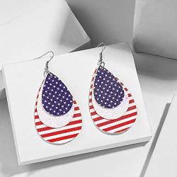 American Flag Leather Earrings Teardrop Dangle Drop Leaf Earrings Big Lightweight Faux Leather Handmade Earrings Glitter Fashion Jewelry