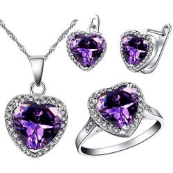 Uloveido Big Heart Shape Crystal Drop Pendant Necklace, Earrings and Rings Wedding Jewelry Set for Bridal Women Birthday Anniversary T481