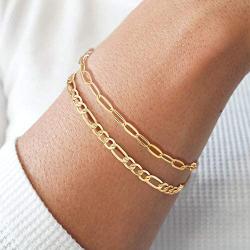 Dainty Layered Gold Chain Bracelet for Women 14K Gold Plated Handmade Adjustable Bracelet Satellite Beads Oval Mariner Figaro Link Chain Bracelets Minimalist Layering Stacking Jewelry Gift for Women