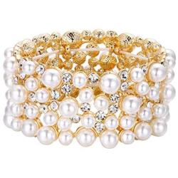 EVER FAITH Womens Crystal Simulated Pearl Stunning Bridal Wedding Hollow Elastic Stretch Bracelet