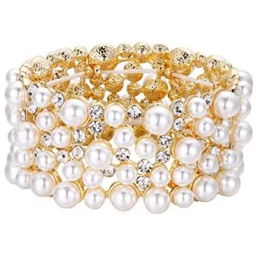 EVER FAITH Womens Crystal Simulated Pearl Stunning Bridal Wedding Hollow Elastic Stretch Bracelet