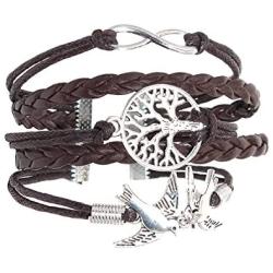 NEVERMORE Multi-Corded Leather Bracelet Antique Silver Tree of Life, Infinity, and Flying Doves CharmsBLACK Friday Special