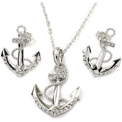 C Jory White & Rose Gold Plated Anchor Necklace Earring Studs Jewelry Set