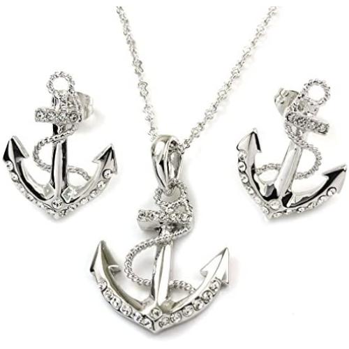 C Jory White & Rose Gold Plated Anchor Necklace Earring Studs Jewelry Set
