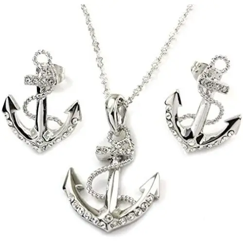 C Jory White & Rose Gold Plated Anchor Necklace Earring Studs Jewelry Set C Jory White & Rose Gold Plated Anchor Necklace Earring Studs Jewelry Set