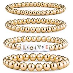 HEIMAXING Gold Stackable Bead Bracelet, 18k Gold Plated Beaded Bracelet Set Elastic Chain Love Friendship Mama Bracelets for Women Men
