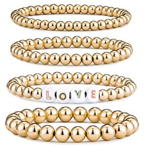 HEIMAXING Gold Stackable Bead Bracelet, 18k Gold Plated Beaded Bracelet Set Elastic Chain Love Friendship Mama Bracelets for Women Men