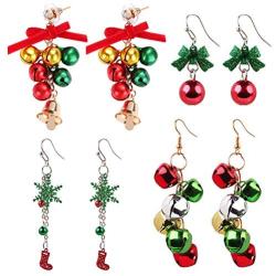 Christmas Jingle Bell Earrings,Kapmore 4 Pairs Christmas Earring Set Costume Jewelry Gift for Women Girls Cute Festive Xmas Drop Dangle Earrings Festive Holiday Birthday Party Gift