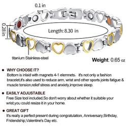 Titanium Magnetic Bracelet Heart Hollow Design Link Stylish Magnet Bracelets for Women,4 Colors to Choose, 8.3 Inches Adjustable