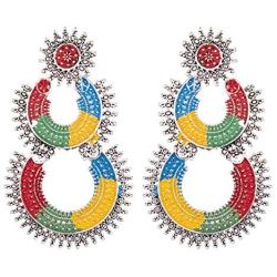 Efulgenz Boho Vintage Antique Gypsy Tribal Indian Oxidized Silver Enamel Floral Chandbali Big Dangle Earrings Set Jewelry