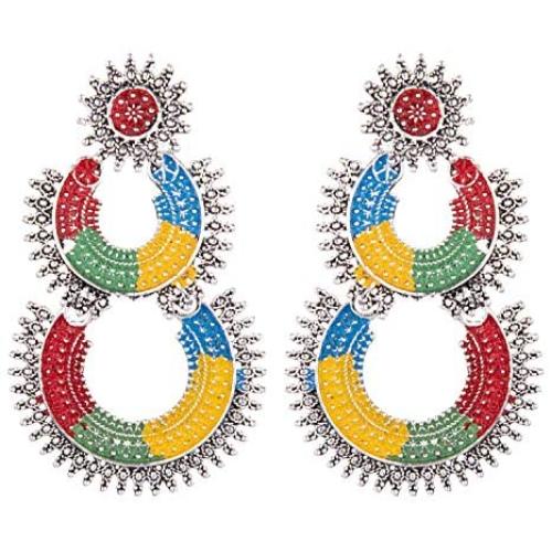 Efulgenz Boho Vintage Antique Gypsy Tribal Indian Oxidized Silver Enamel Floral Chandbali Big Dangle Earrings Set Jewelry