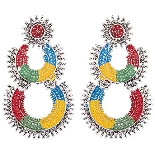 Efulgenz Boho Vintage Antique Gypsy Tribal Indian Oxidized Silver Enamel Floral Chandbali Big Dangle Earrings Set Jewelry Efulgenz Boho Vintage Antique Gypsy Tribal Indian Oxidized Silver Enamel Floral Chandbali Big Dangle Earrings Set Jewelry