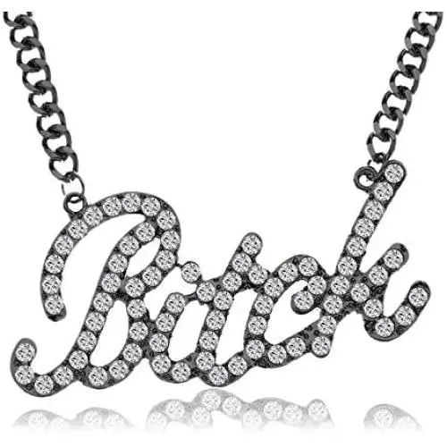 Q&Q Fashion Celebrity Urban Big Bling Bitch Necklace Word Crystal Pave Rhinestone Chunky Chain Best Friend Friendship Jewelry BFF Gift