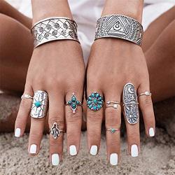 8 Pcs/Set Vintage Oval Opal Rings for Women Bohemian Natural Turquoise Stone Open Leaf Finger Rings for Women¡­