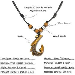 Nove Jewelry Leather Brown Hawaiian Fish Hook Pendant Hemp Cord Chain - Adjustable Black Cord
