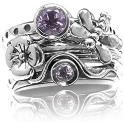 Silvershake Set of 4 Gemstone 925 Sterling Silver Dragonfly and Flower Stackable Rings Jewelry for Women Multiple way of Wear