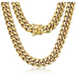 ROWIN&CO Mens Chain Thick Heavy 18K Gold Plated Stainless Steel Miami Curb Cuban Link Necklace Hip Hop Jewelry Choker Chain,15mm Width/ 18 20 22 24 26 30 35 inch Lengths, (with Gift Box)