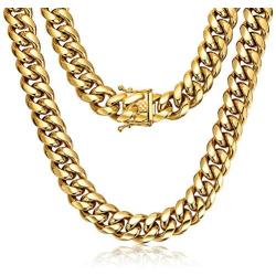 ROWIN&CO Mens Chain Thick Heavy 18K Gold Plated Stainless Steel Miami Curb Cuban Link Necklace Hip Hop Jewelry Choker Chain,15mm Width/ 18 20 22 24 26 30 35 inch Lengths, (with Gift Box)