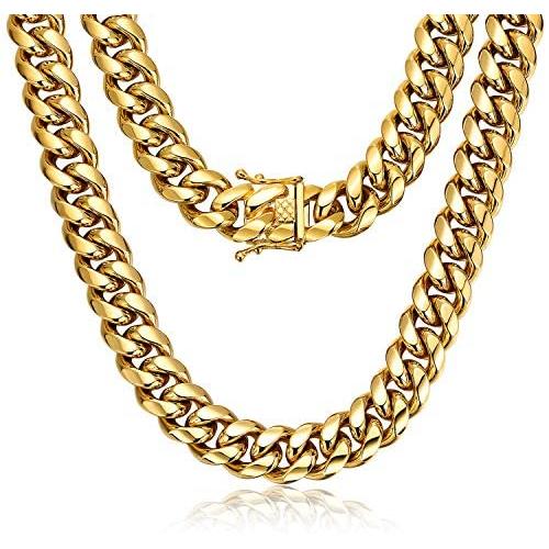 ROWIN&CO Mens Chain Thick Heavy 18K Gold Plated Stainless Steel Miami Curb Cuban Link Necklace Hip Hop Jewelry Choker Chain,15mm Width/ 18 20 22 24 26 30 35 inch Lengths, (with Gift Box)