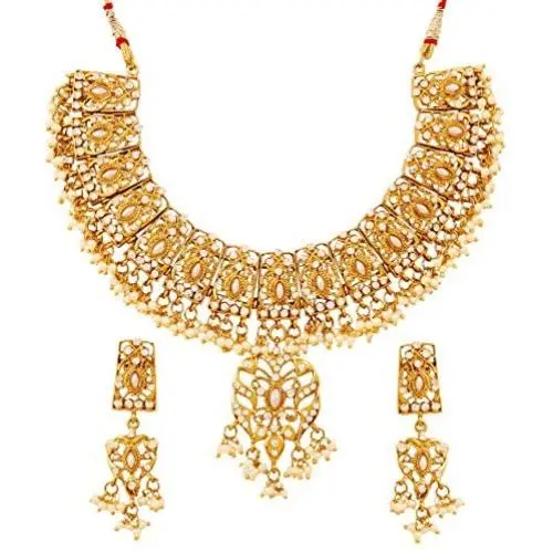 Touchstone Indian Bollywood Gorgeous Intricate Workmanship Mughal White Colorful Rhinestone Crystal Wedding Designer Jewelry Choker Necklace Set in Gold and Silver Tone for Women.