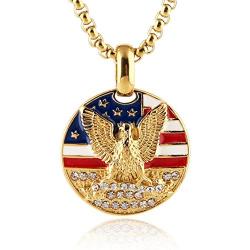 HZMAN Mens 18k Gold Plated Stainless Steel 3D Eagle American Flag Dog Tag CZ Pendant Necklace