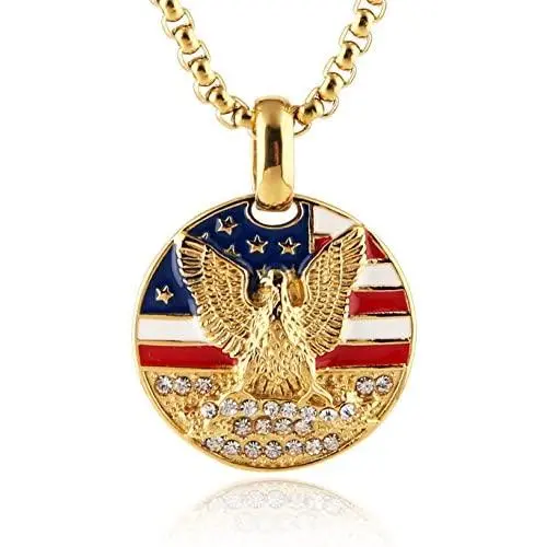 HZMAN Mens 18k Gold Plated Stainless Steel 3D Eagle American Flag Dog Tag CZ Pendant Necklace HZMAN Mens 18k Gold Plated Stainless Steel 3D Eagle American Flag Dog Tag CZ Pendant Necklace