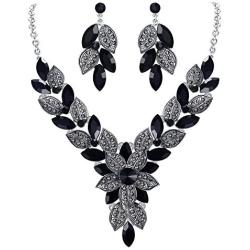 EVER FAITH Womens Crystal Elegant Bridal Cluster Flower Leaf Drop Necklace Earrings Set
