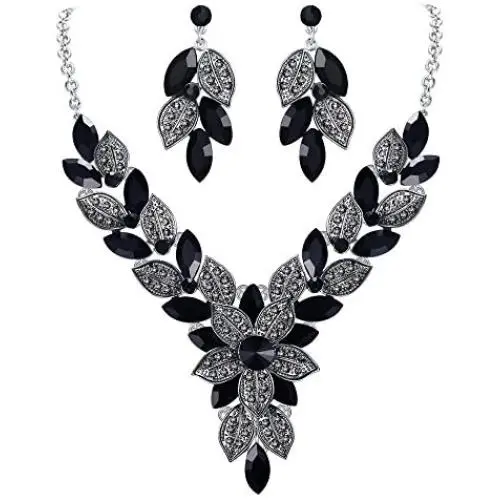 EVER FAITH Womens Crystal Elegant Bridal Cluster Flower Leaf Drop Necklace Earrings Set
