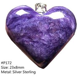 Natural Heart Charoite Crystal Pendant, Purple Charoite Jewelry For Woman Man 23x8mm Beads Stone Silver Sterling Chain Gemstone AAAAA