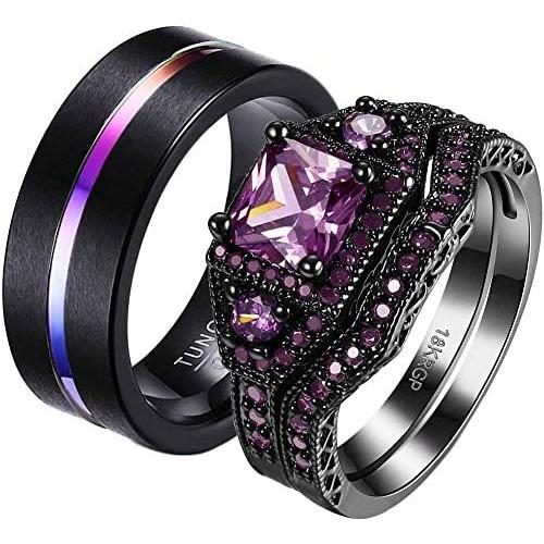 ringheart 2 Rings His and Hers Couple Rings Black Gold Plated Purple Cz Womens Wedding Ring Sets Tungsten Ring Mens Wedding Bands