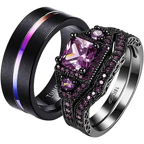 ringheart 2 Rings His and Hers Couple Rings Black Gold Plated Purple Cz Womens Wedding Ring Sets Tungsten Ring Mens Wedding Bands ringheart 2 Rings His and Hers Couple Rings Black Gold Plated Purple Cz Womens Wedding Ring Sets Tungsten Ring Mens Wedding Bands