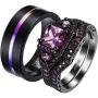 ringheart 2 Rings His and Hers Couple Rings Black Gold Plated Purple Cz Womens Wedding Ring Sets Tungsten Ring Mens Wedding Bands