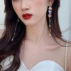 fxmimior Long Tassels Butterfly Earrings Dainty Silver Drop Earrings Statement Charm Earring Purple Rhinestones Crystals Body Jewelry for Women and Girls