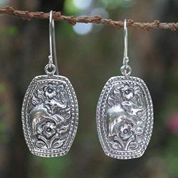 NOVICA .925 Sterling Silver Floral Elephant Dangle Earrings Elephant Roses
